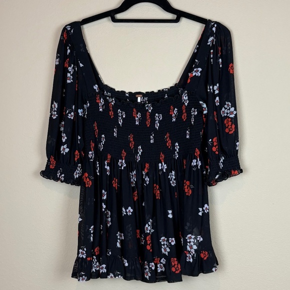 Free People Delta Dawn Black with Red/White Floral Print Stretchy/Sheer Pullover - Picture 1 of 13